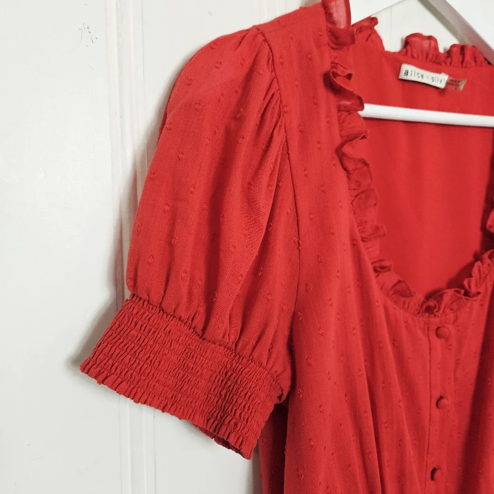 Alice + Olivia Red Swiss Dot Tie Waist Button Dress Sz 6 Ruffle Feminine Chic